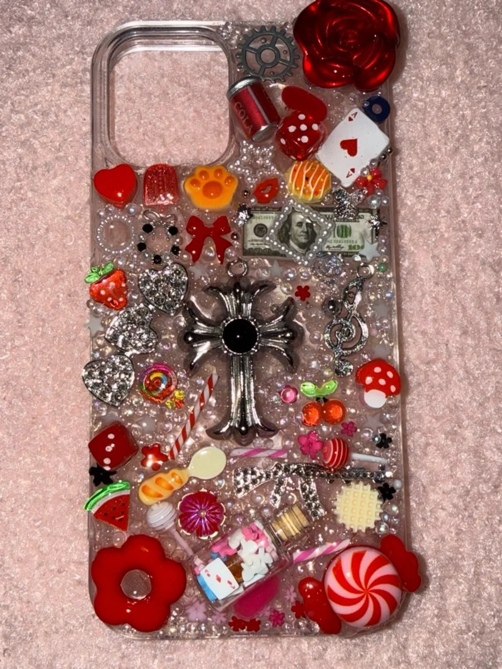 Decorative Clear Phone Case with Red Accents and Silver Cross Charm